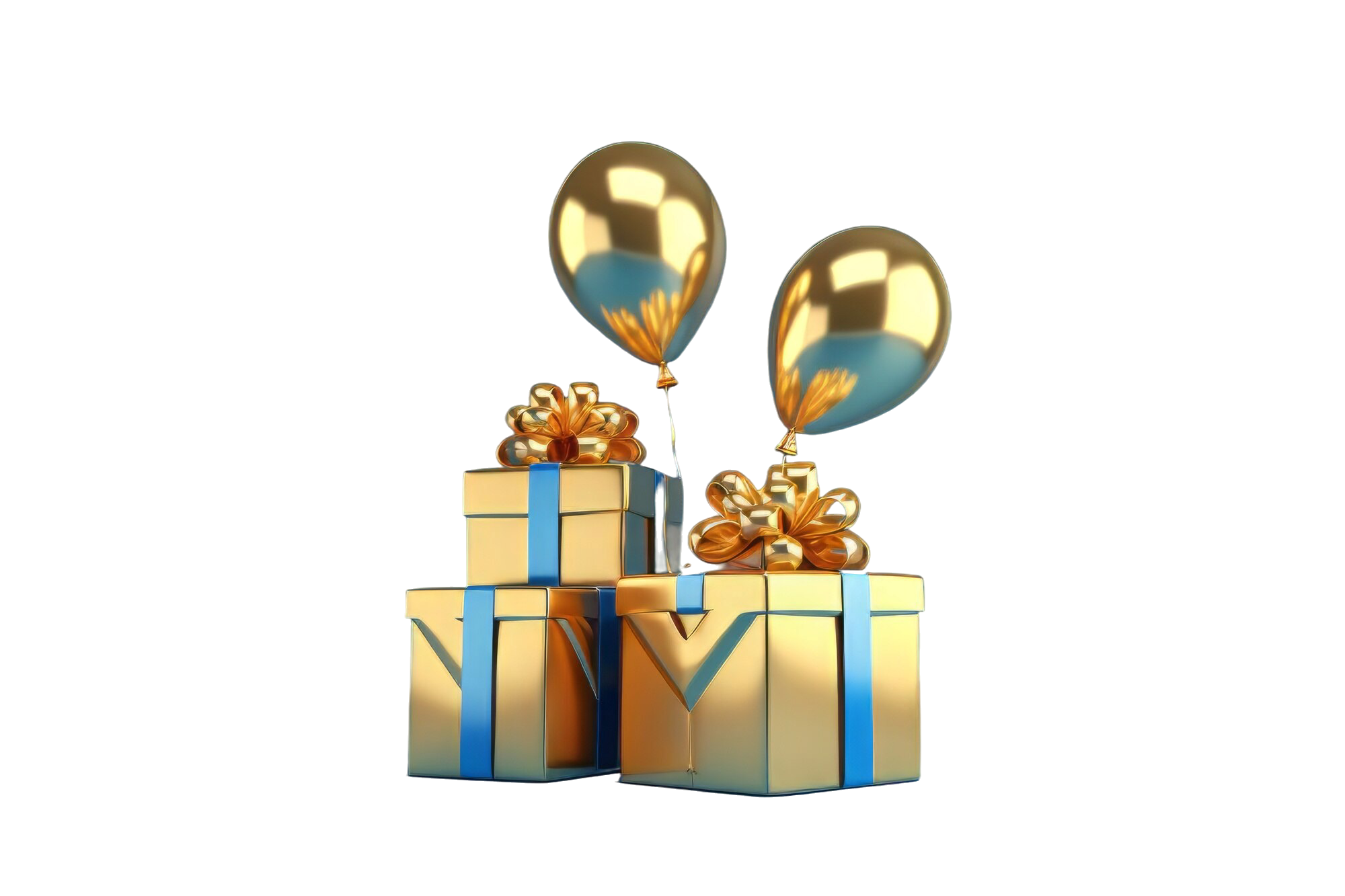 Stylized gold gift boxes and balloons, floating against a deep space dark background.