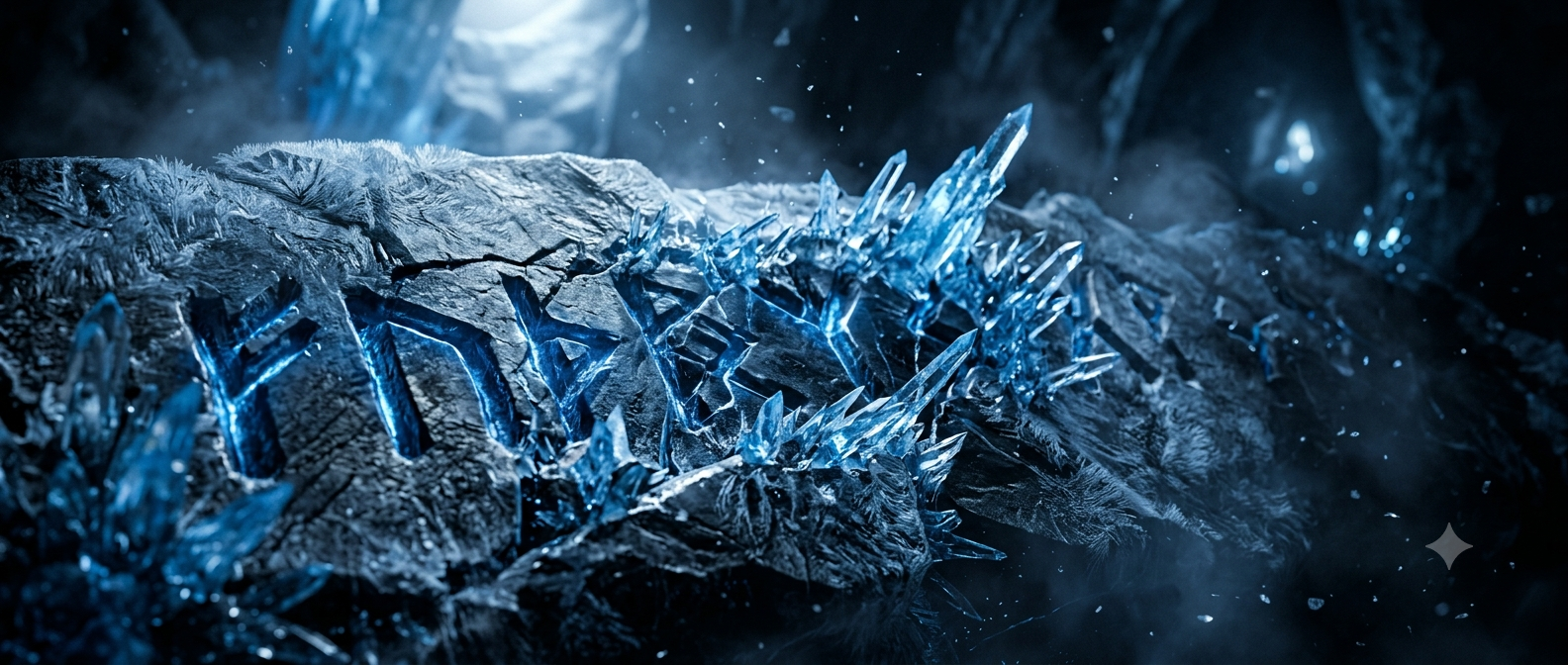 Cinematic macro shot of glowing blue ice crystals and ancient runes.