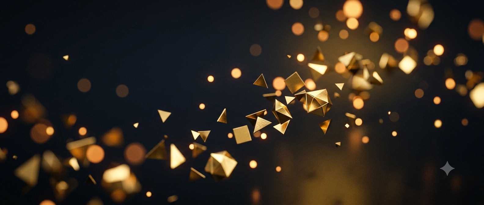Abstract premium background with falling golden confetti and warm glowing lights.